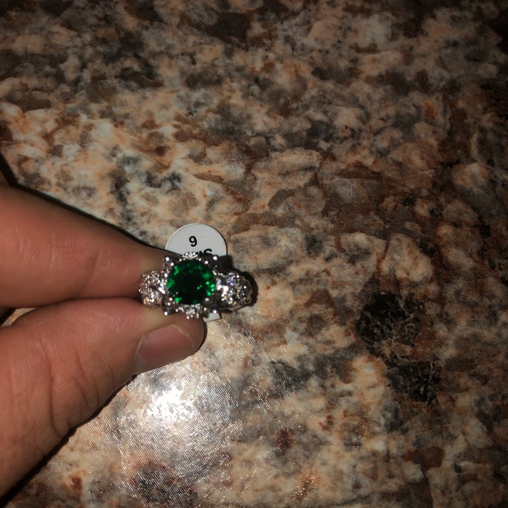 Size 6 ring - synthetic emerald/steel band